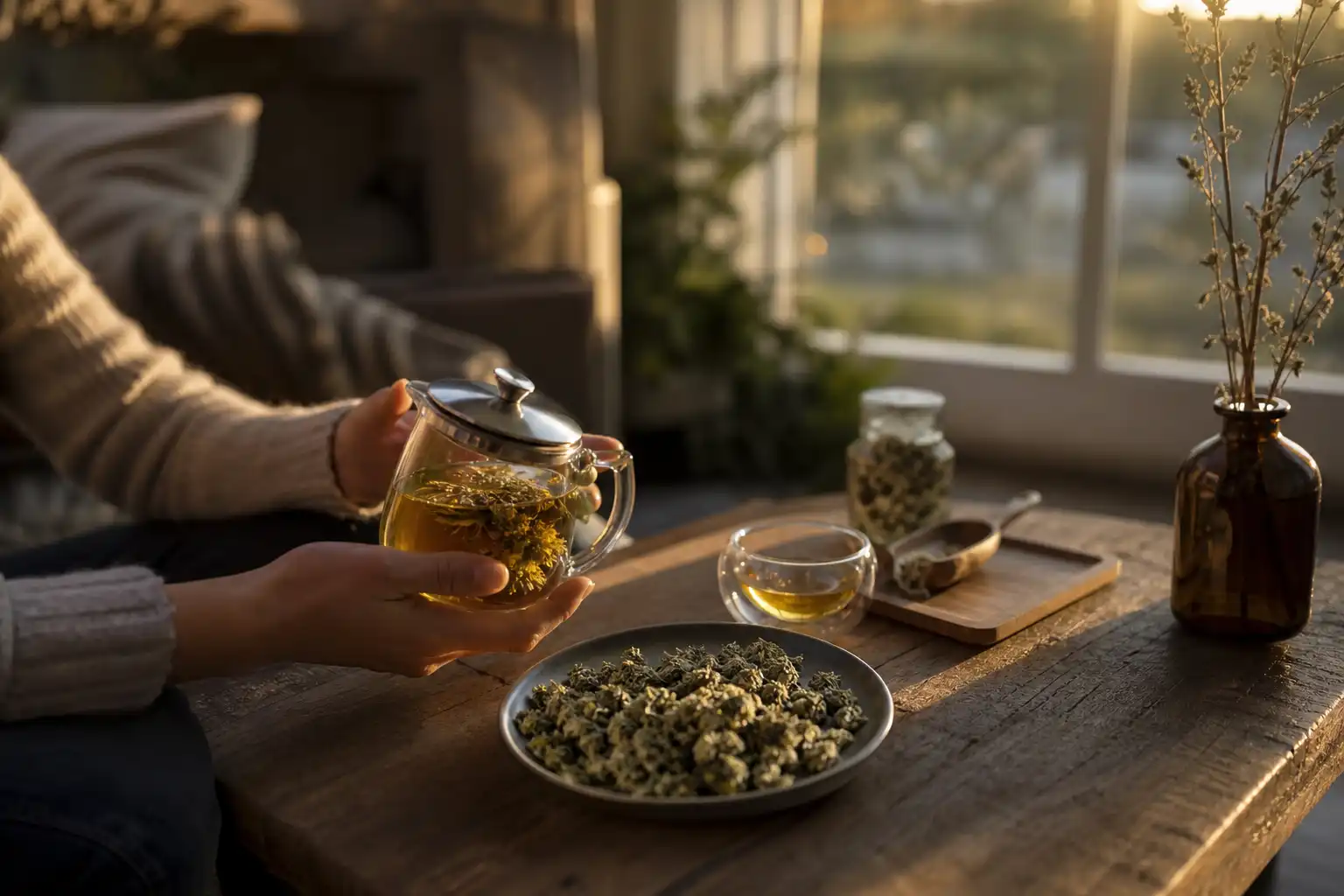 Quelqu'un examine un objet, autour d'une infusion de chanvre et ses fleurs séchées, près d'une fenêtre.