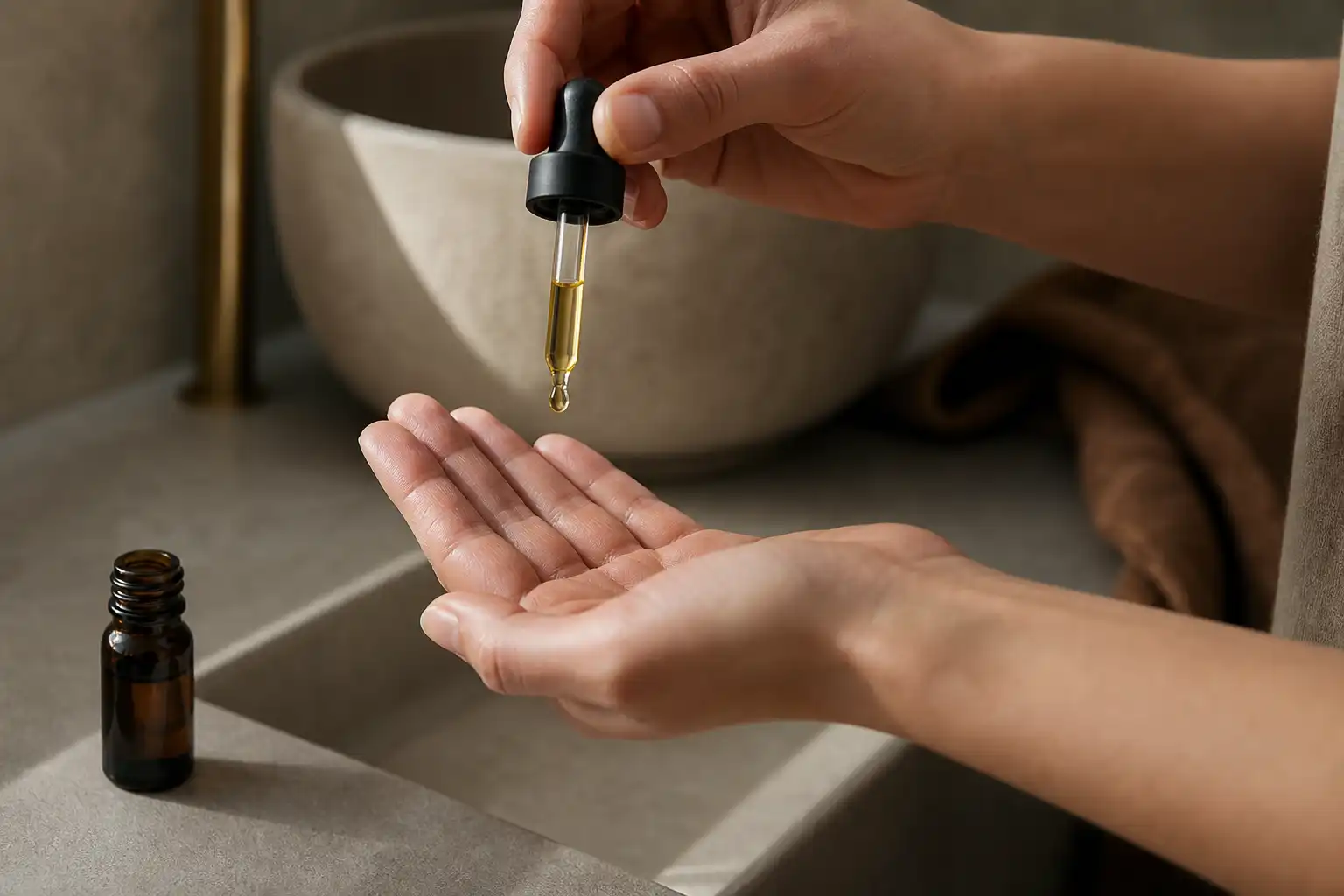 Des mains dosent quelque chose, autour de sites cbd, dans une salle de bain.