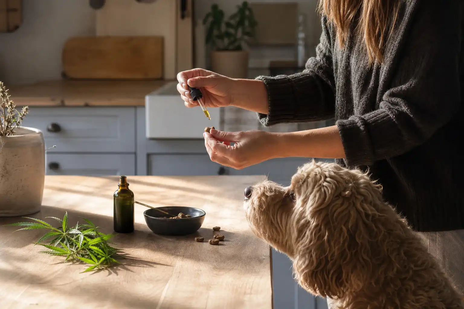 Quelqu'un manipule un objet, autour de cbd chien, dans une cuisine.