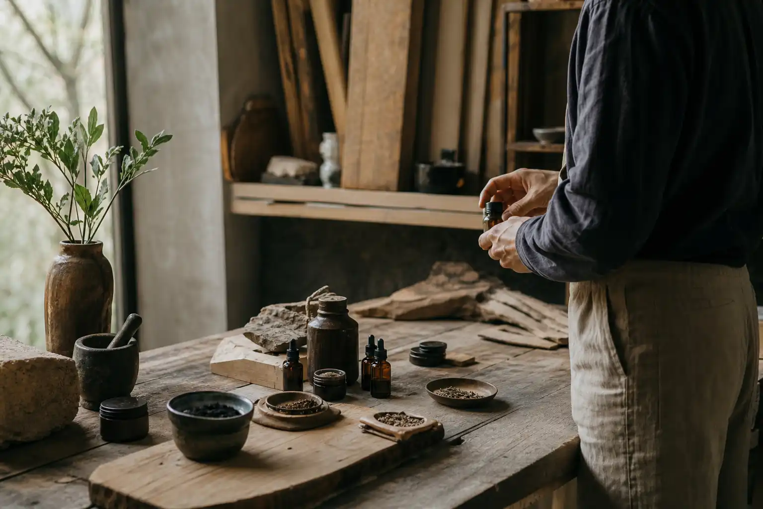 Quelqu'un manipule un objet, autour de cbd usages formats, dans un atelier.