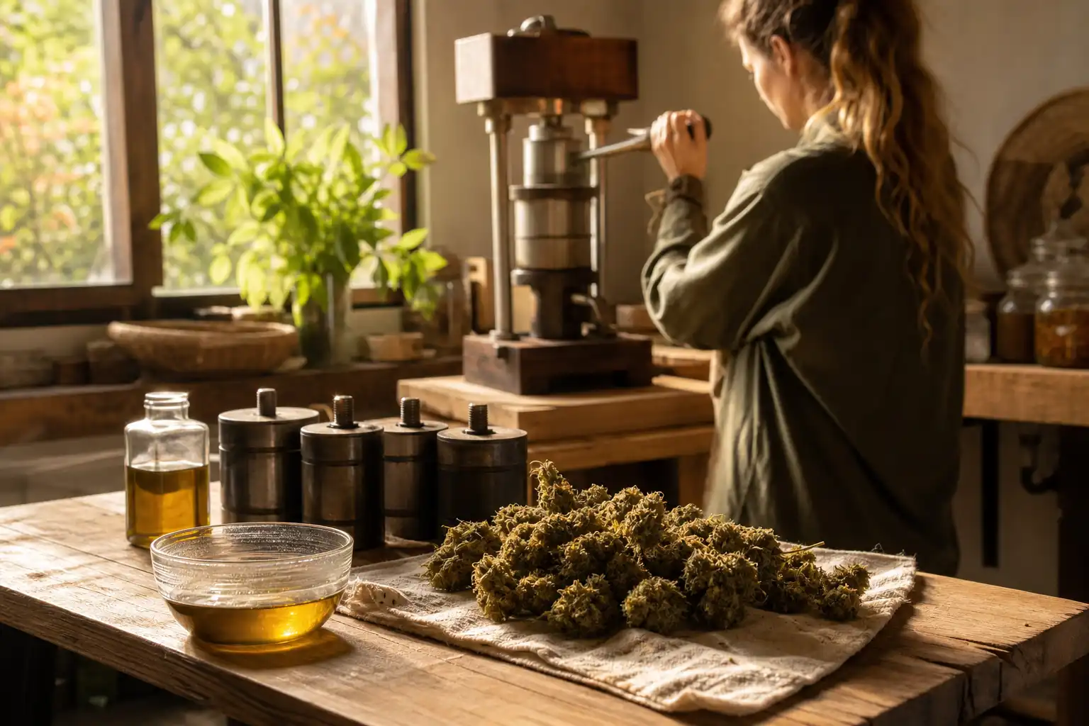 Quelqu'un prépare quelque chose, autour de cbd pressée froid, près d'une table en bois.