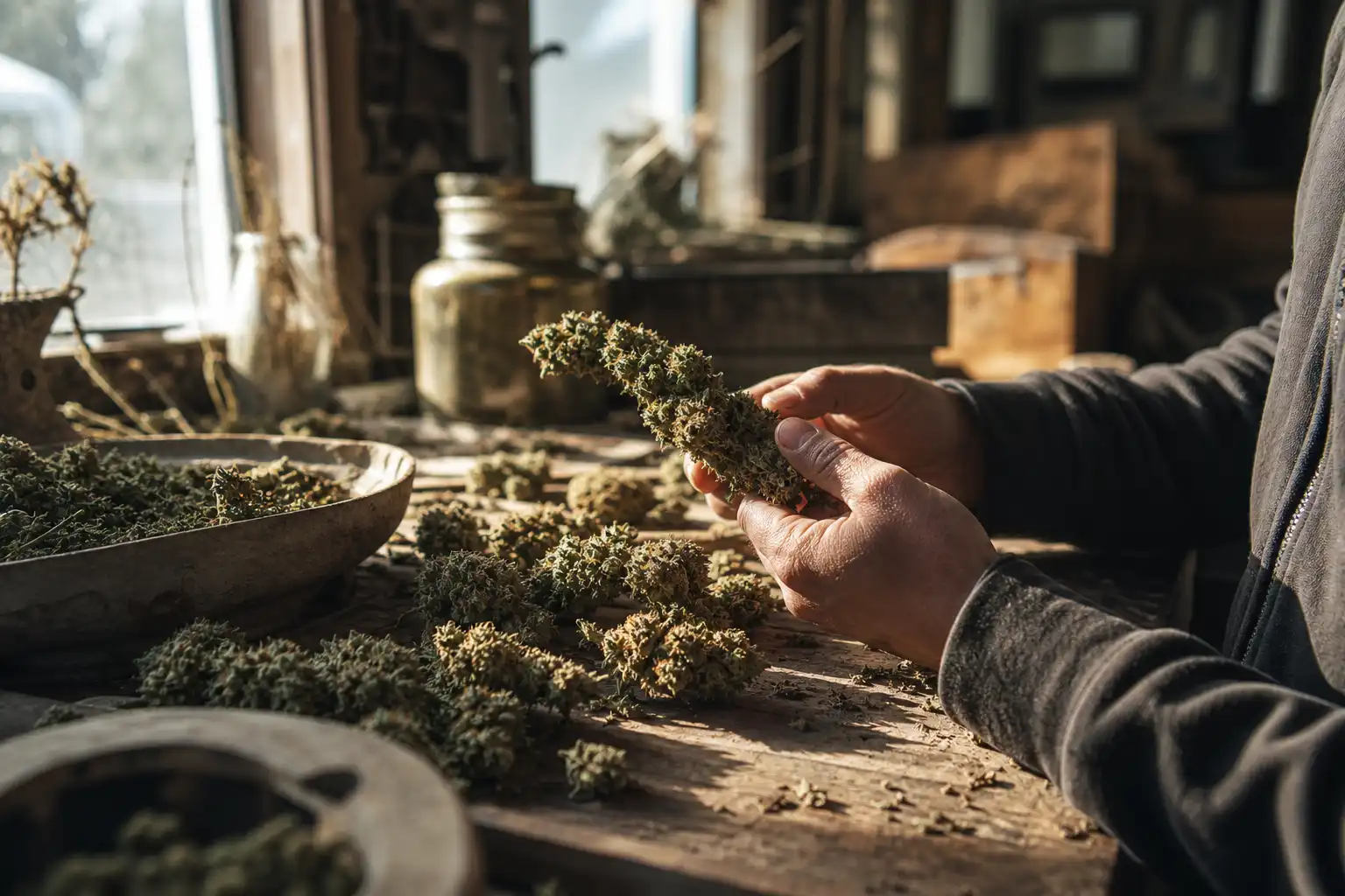 Quelqu'un examine un objet, autour de fleurs cbd, dans un atelier.