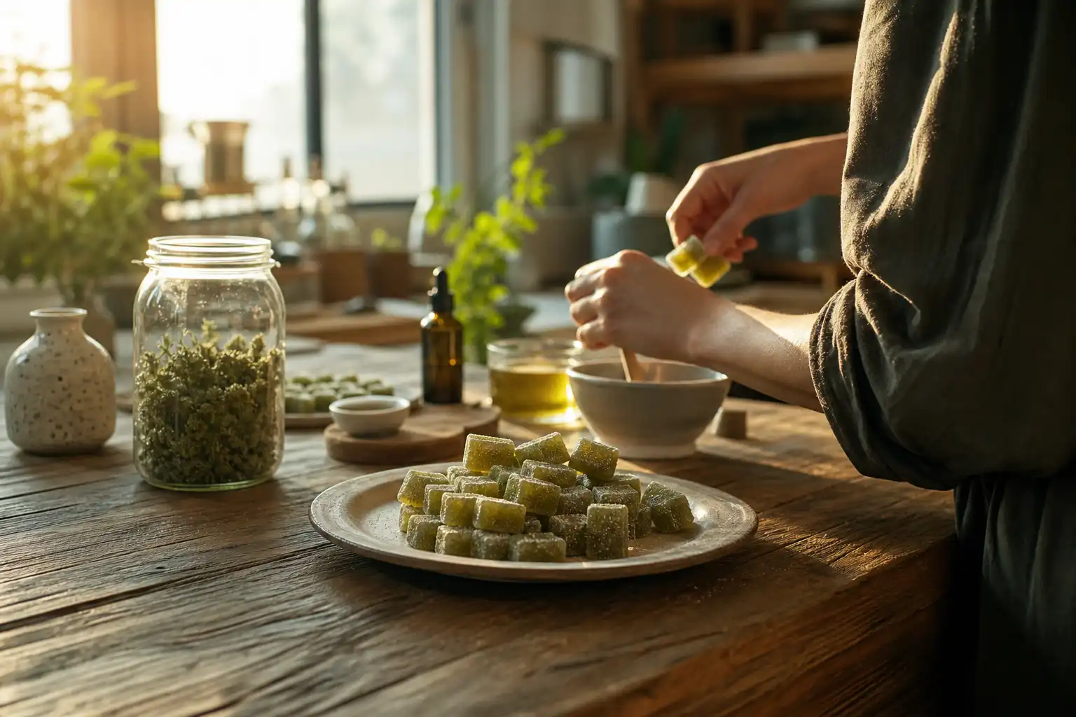 Quelqu'un prépare quelque chose, autour de cbd gummies conseils, près d'une table en bois.