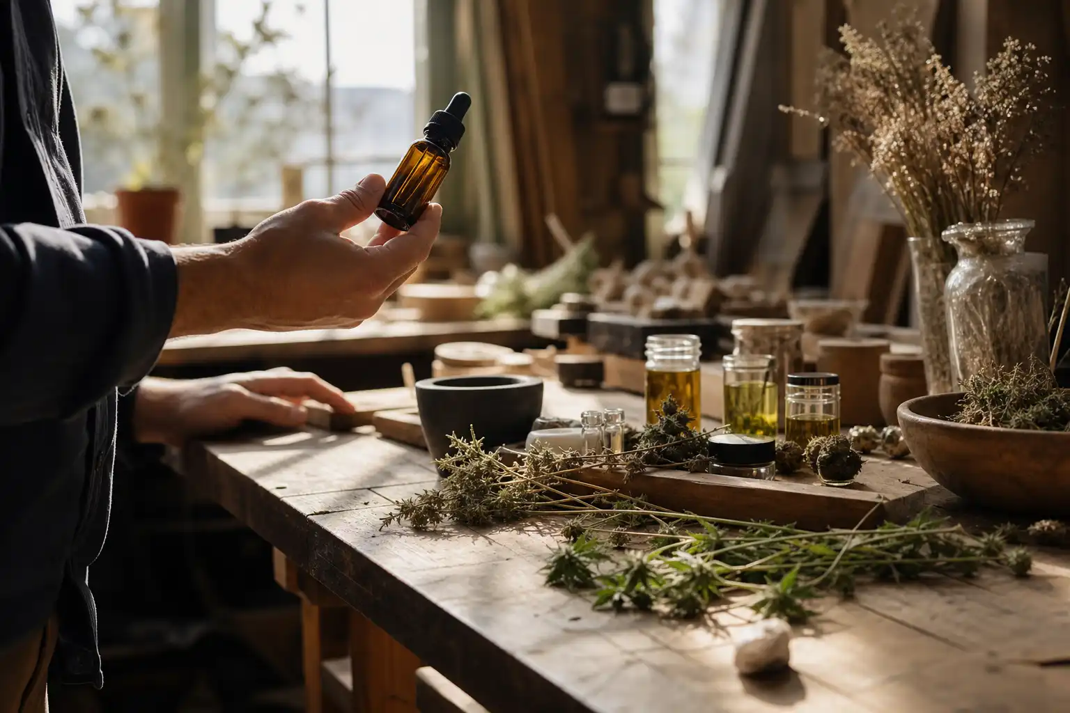Quelqu'un examine un objet, autour d'alternatives cbd, dans un atelier.