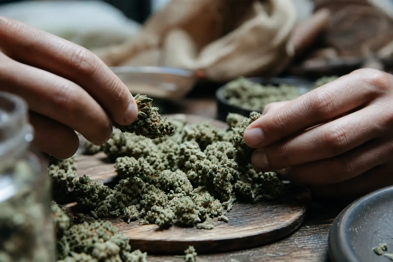 Des mains examinent un objet, autour de fleurs cbd, dans un atelier.