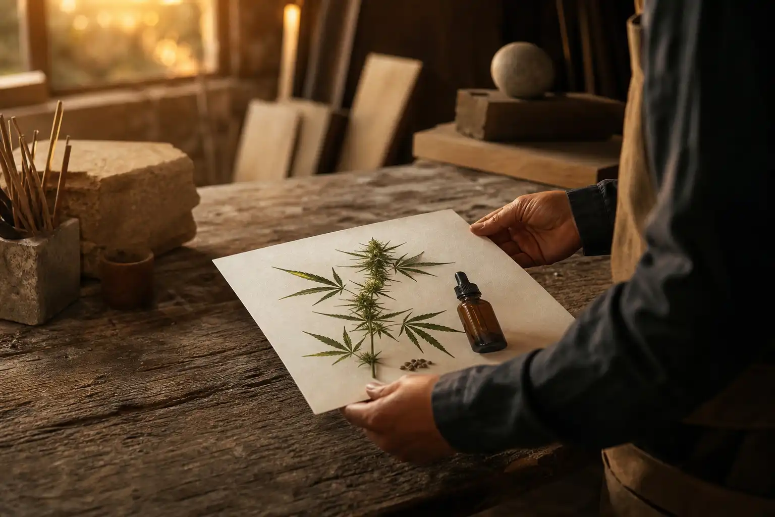 Quelqu'un dispose un objet, autour d'infos cbd cannabidiol, dans un atelier.
