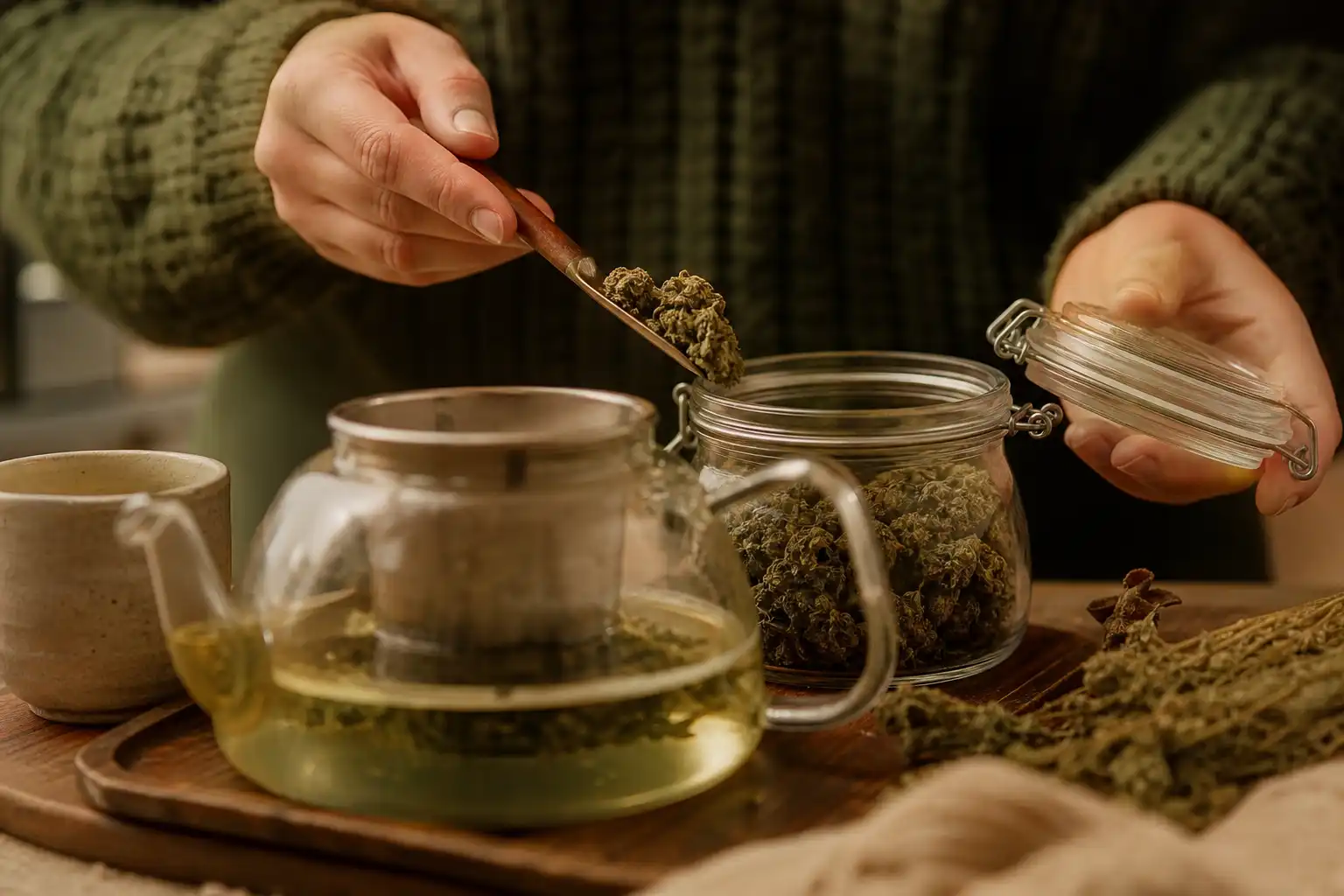 Des mains dosent quelque chose, autour d'une infusion de chanvre et ses fleurs séchées, dans une cuisine.