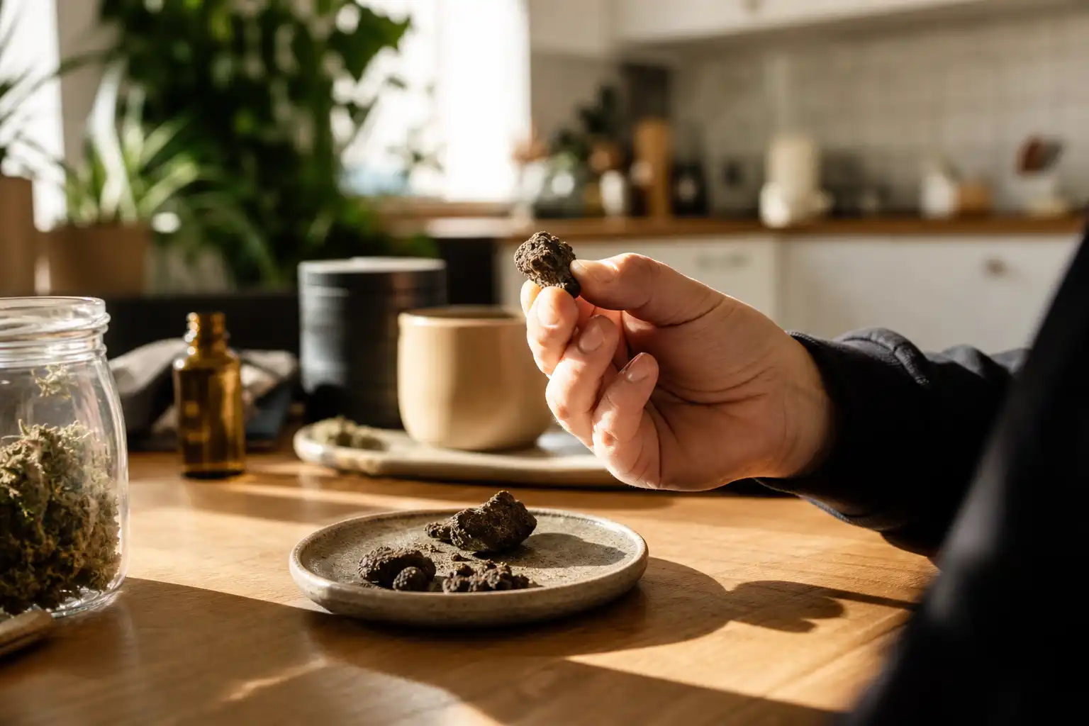 Quelqu'un examine un objet, autour de résine cbd, dans une cuisine.
