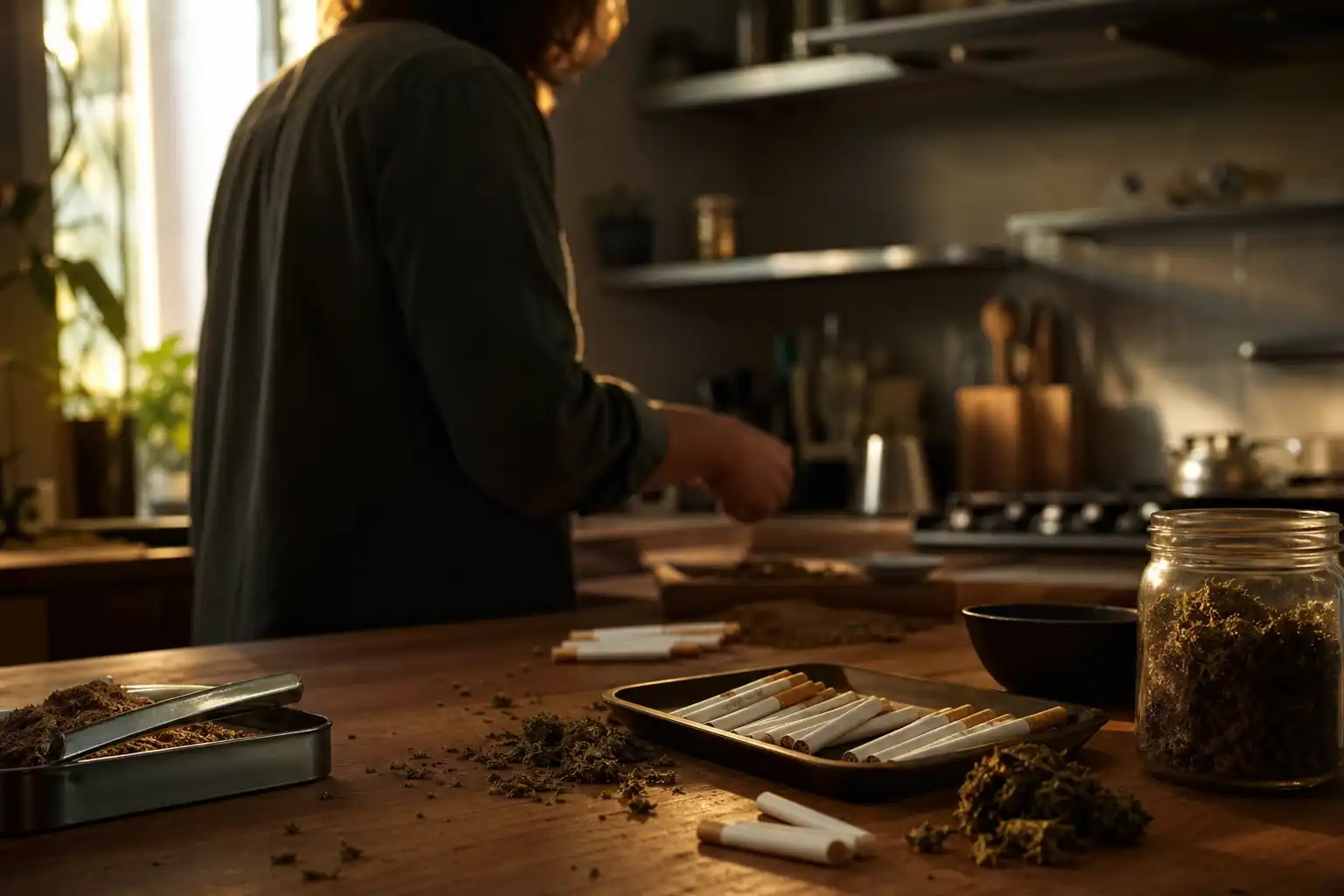 Quelqu'un prépare quelque chose, autour de cigarettes cbd nicotine, dans une cuisine.