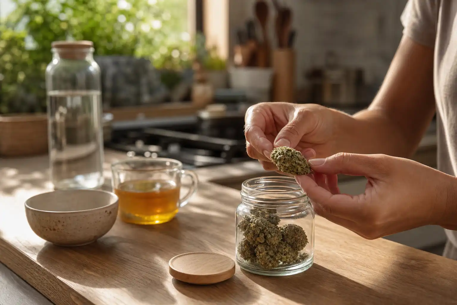 Quelqu'un examine un objet, autour de fleur cbd conseils, dans une cuisine.